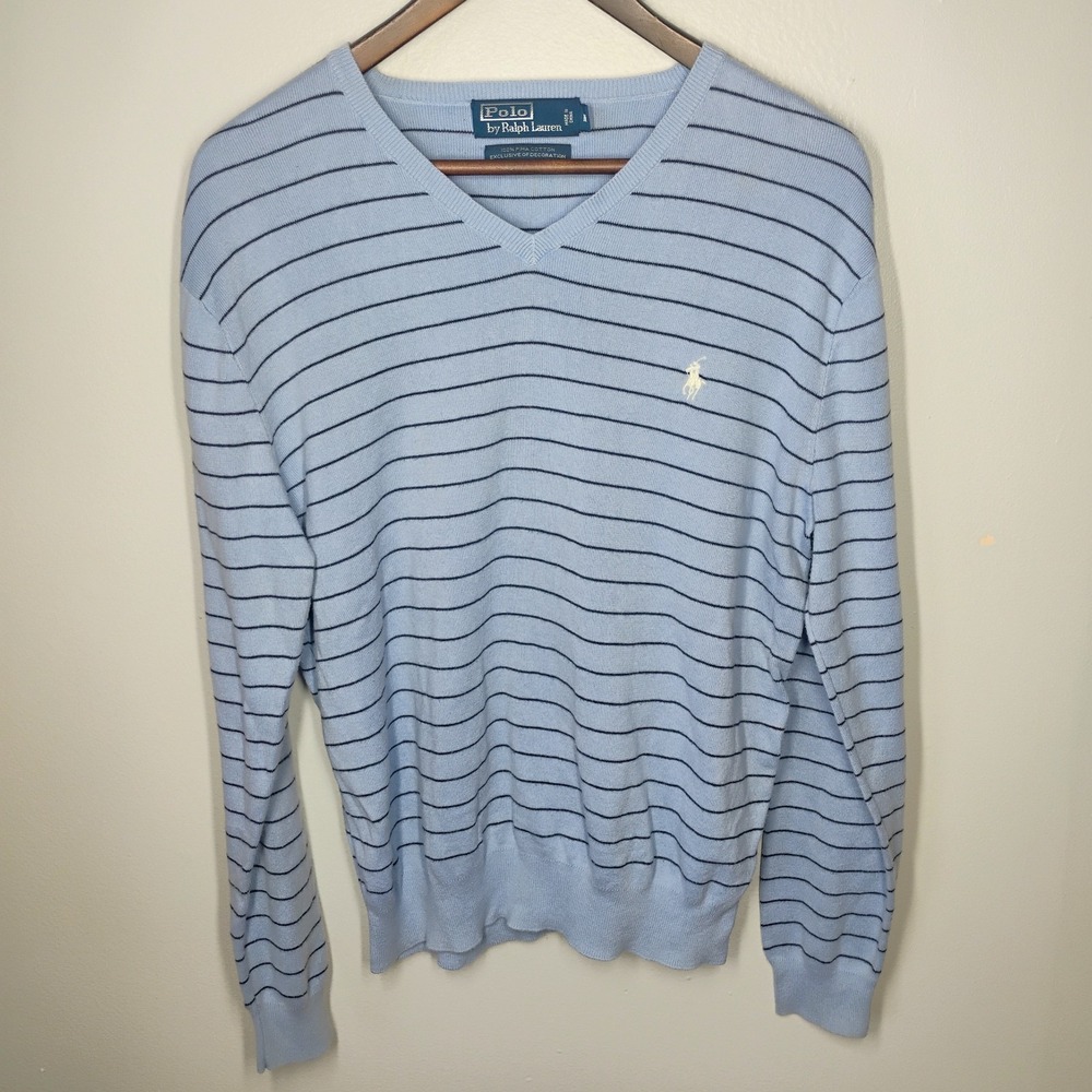Polo Ralph Lauren Jumper M Striped Knit Vneck Pima Cotton Slim Fit Preppy 90s